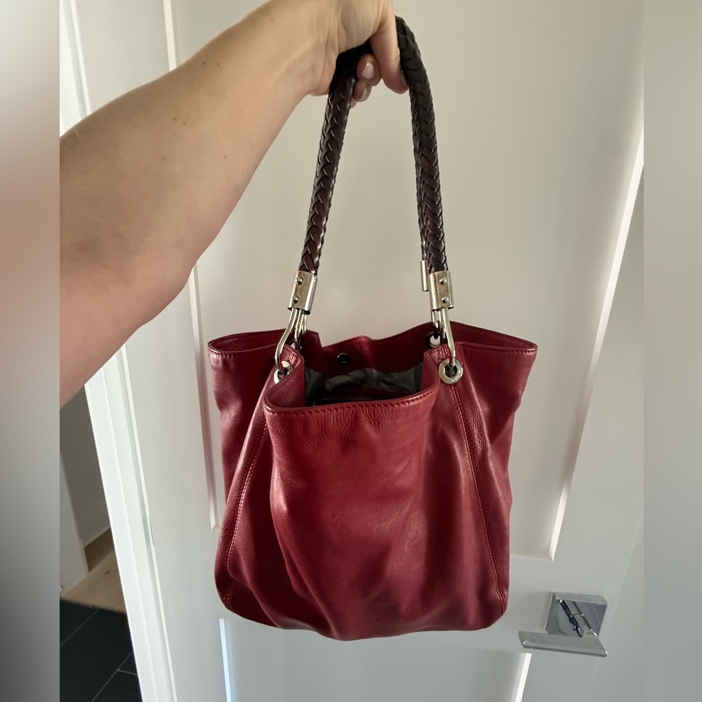 Michael Kors Red Leather Shoulder Bag with Braided Brown Handles